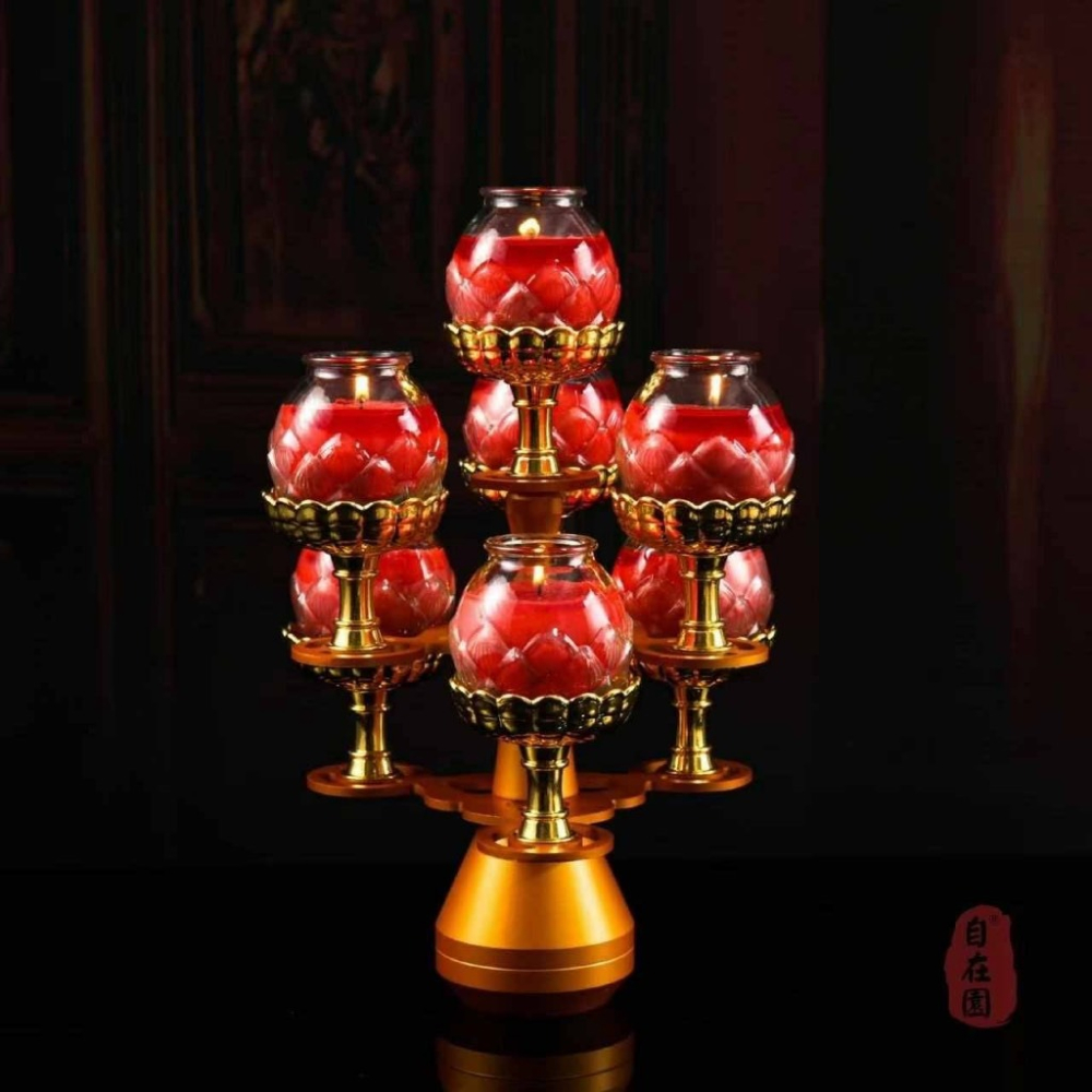 現貨供應 弘喧 立體精緻 直立式 金色 7盞 金屬燭台 供佛 蓮花燈 七星燈座 禮佛 點燈 供燈 佛堂 酥油 雙層 寺廟-細節圖5