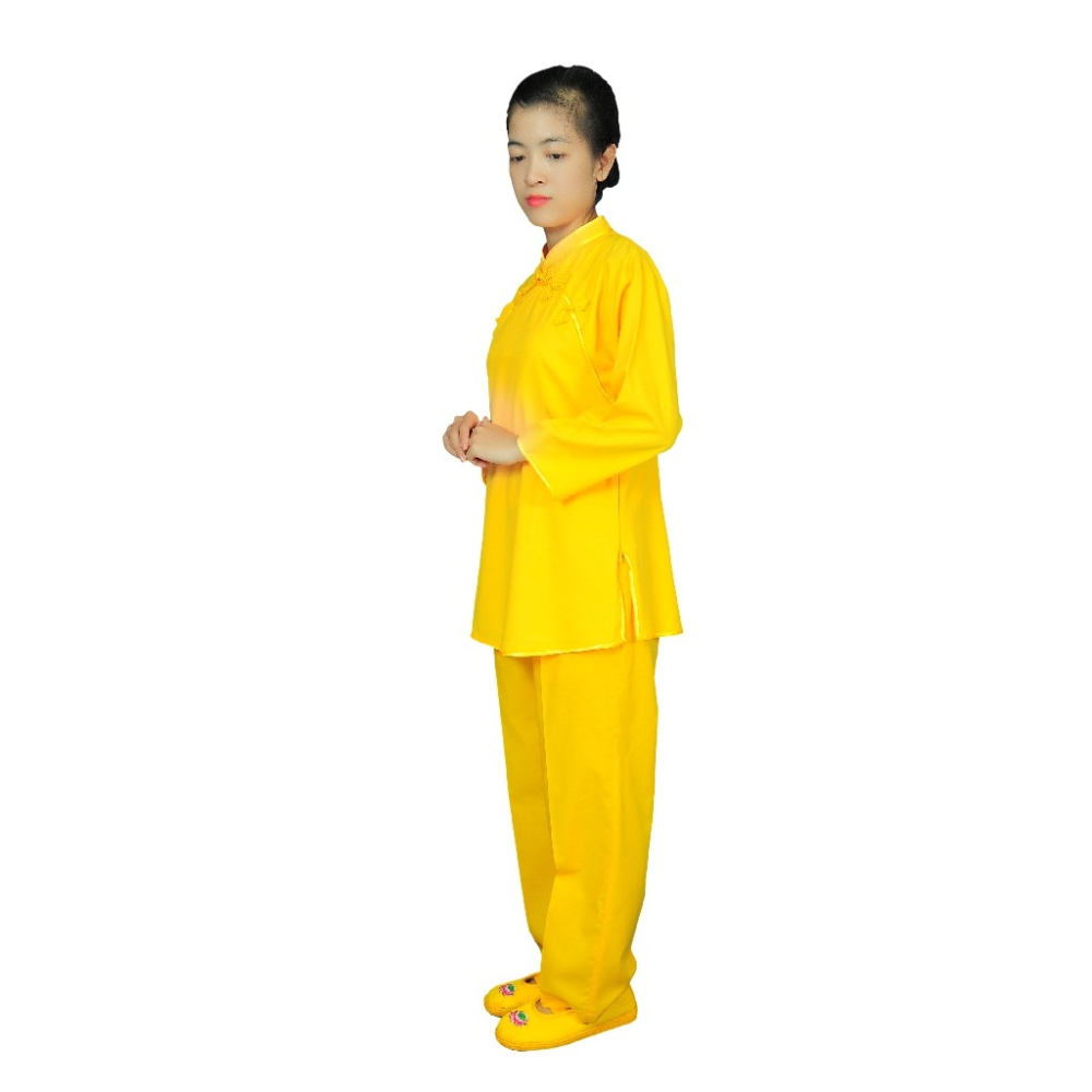 現貨供應弘喧 立領斜排 黃滾黃 靈修衣 禪服 團體 禪修服 打坐 套裝 茶服 道服 修道 居士服 慈惠堂 母娘 宮廟-細節圖2