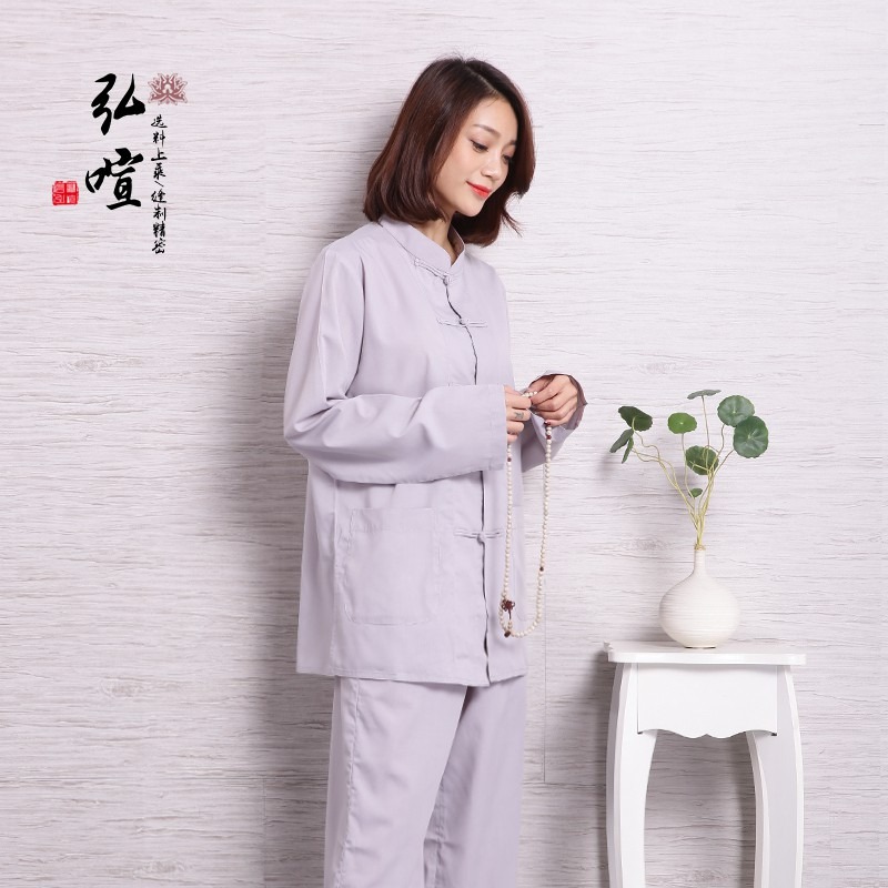 現貨供應 弘喧 居士服 禪修服 男女套装 茶服 禅意 漢服 全棉竹結 TC布 二字扣 修行 休閒服-細節圖3