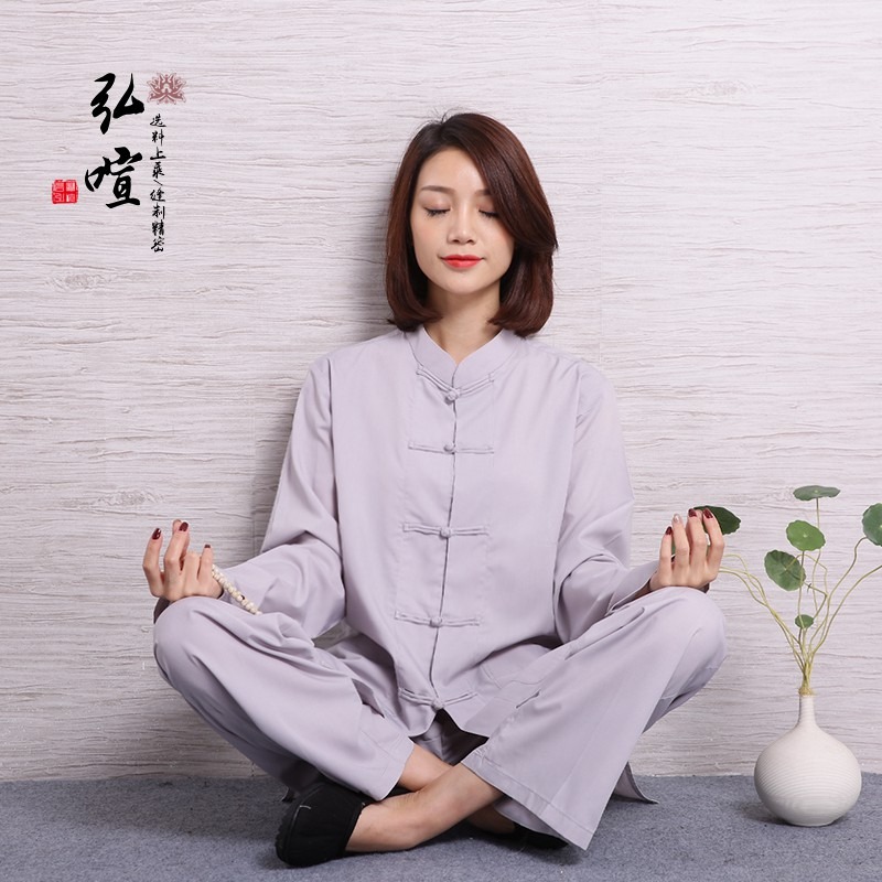 現貨供應 弘喧 居士服 禪修服 男女套装 茶服 禅意 漢服 全棉竹結 TC布 二字扣 修行 休閒服-細節圖4