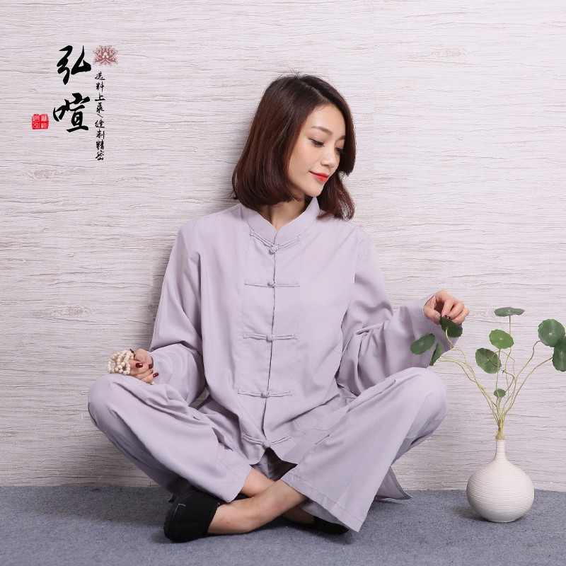 現貨供應 弘喧 居士服 禪修服 男女套装 茶服 禅意 漢服 全棉竹結 TC布 二字扣 修行 休閒服-細節圖5