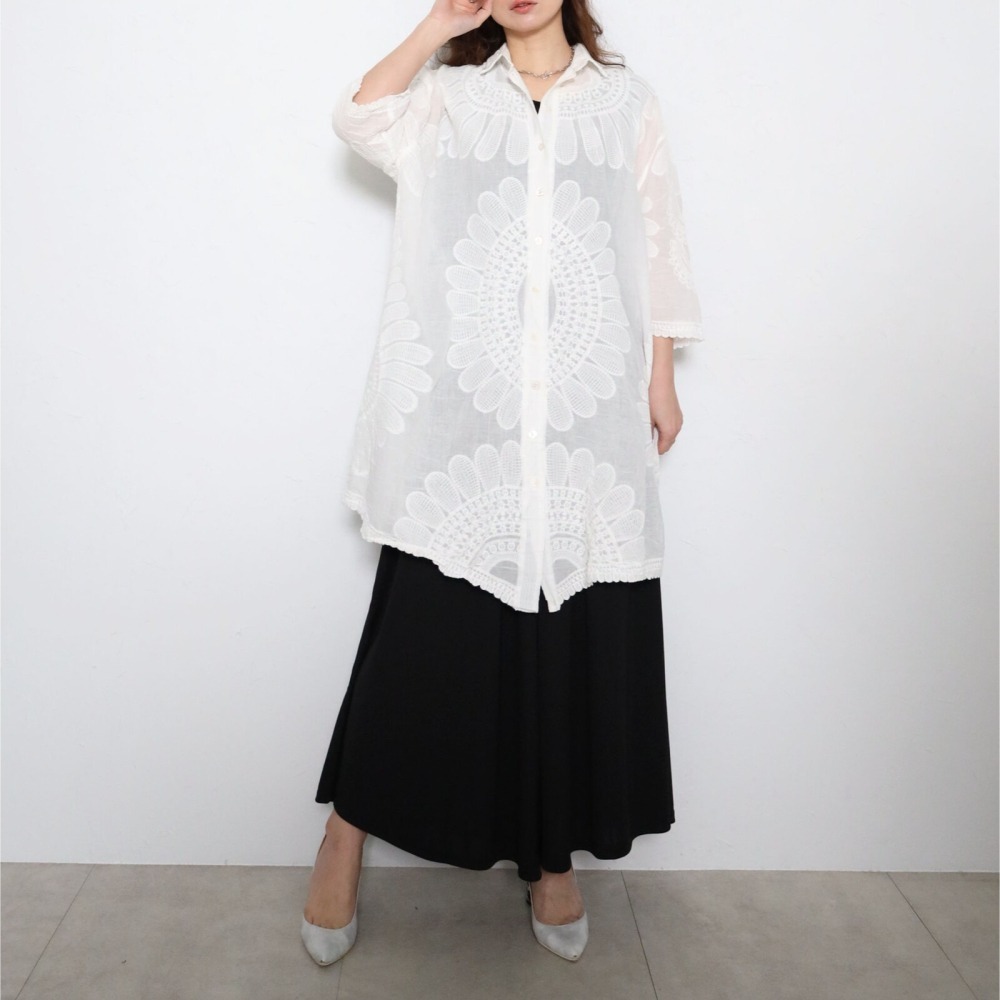 BRILLANTE Osaka 100%純棉大輪花刺繡長襯衫：日系優雅透氣罩衫・春夏一衣兩穿必備 2026春夏新品-細節圖2