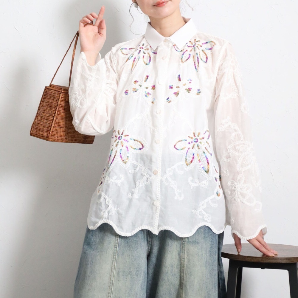 BRILLANTE Osaka 閃耀七彩亮片刺繡襯衫：100%純棉透氣質感・精緻環形花卉圖案・2026春夏新品-細節圖2