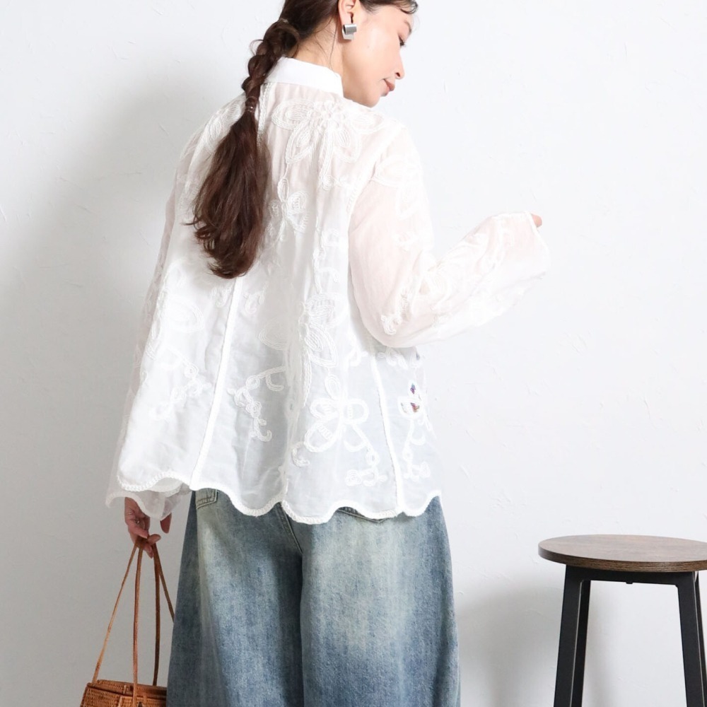 BRILLANTE Osaka 閃耀七彩亮片刺繡襯衫：100%純棉透氣質感・精緻環形花卉圖案・2026春夏新品-細節圖5