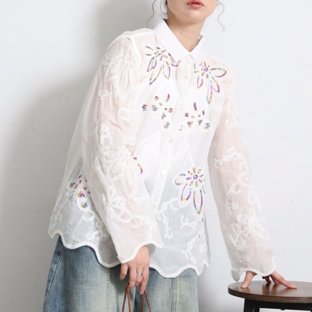 BRILLANTE Osaka 閃耀七彩亮片刺繡襯衫：100%純棉透氣質感・精緻環形花卉圖案・2026春夏新品-細節圖6