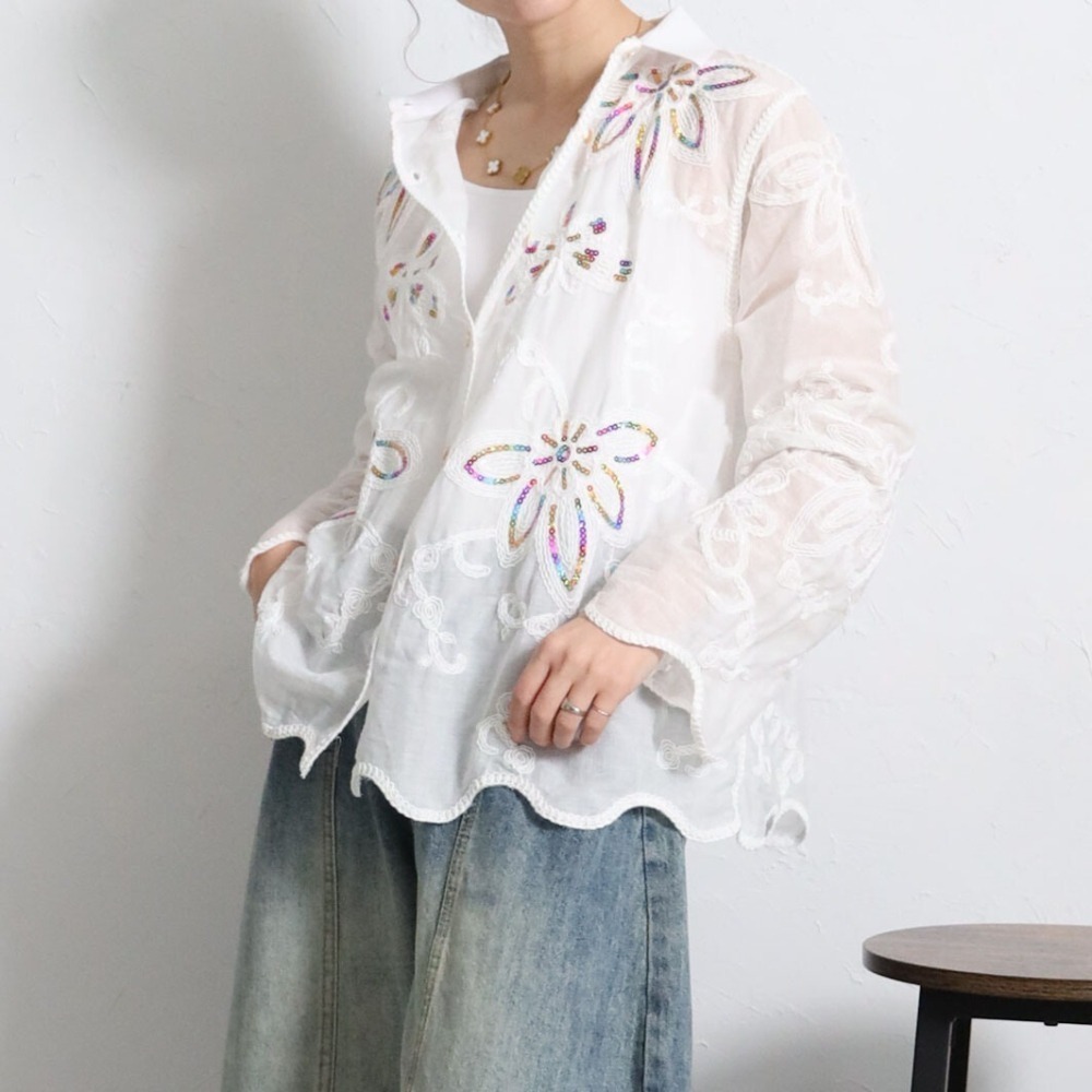 BRILLANTE Osaka 閃耀七彩亮片刺繡襯衫：100%純棉透氣質感・精緻環形花卉圖案・2026春夏新品-細節圖7