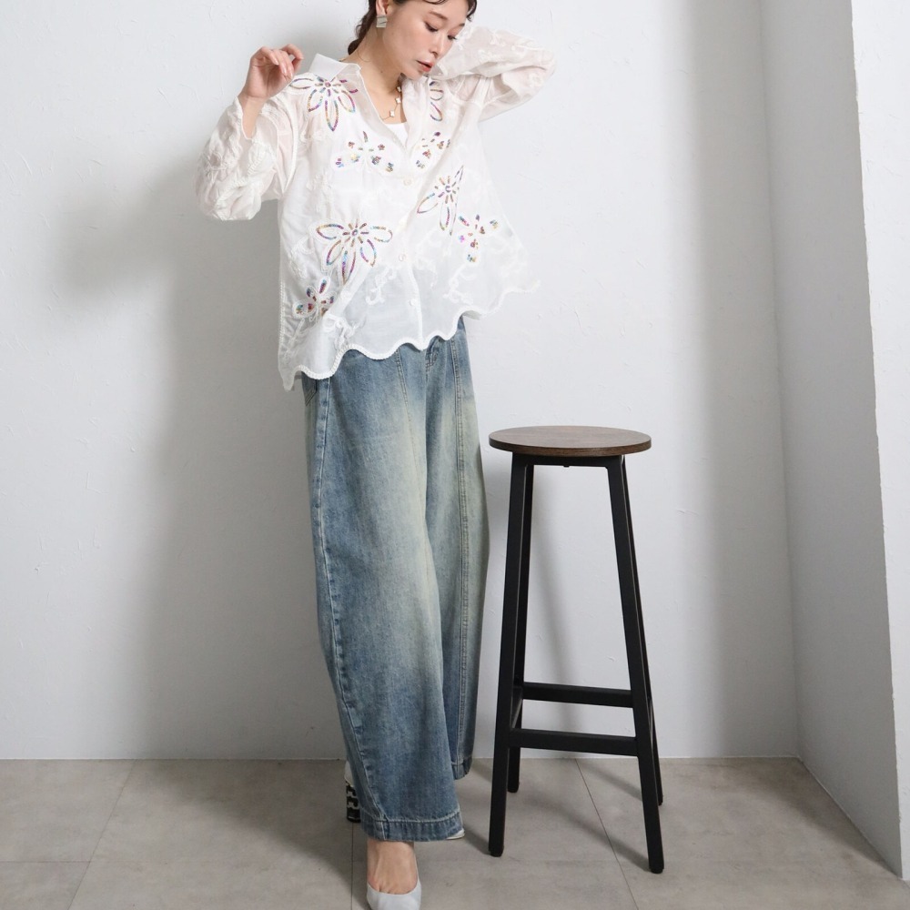 BRILLANTE Osaka 閃耀七彩亮片刺繡襯衫：100%純棉透氣質感・精緻環形花卉圖案・2026春夏新品-細節圖8
