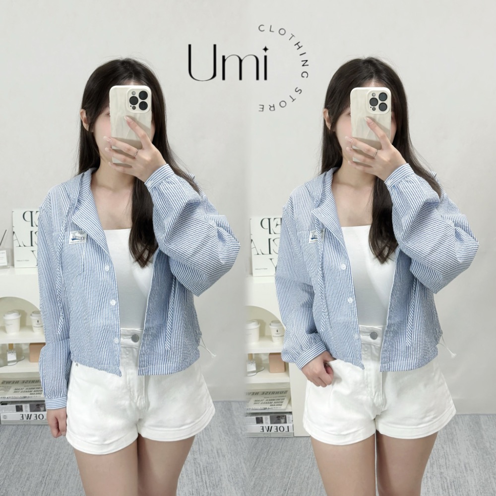 現貨+預購 D007【藍條紋連帽襯衫外套】-細節圖2