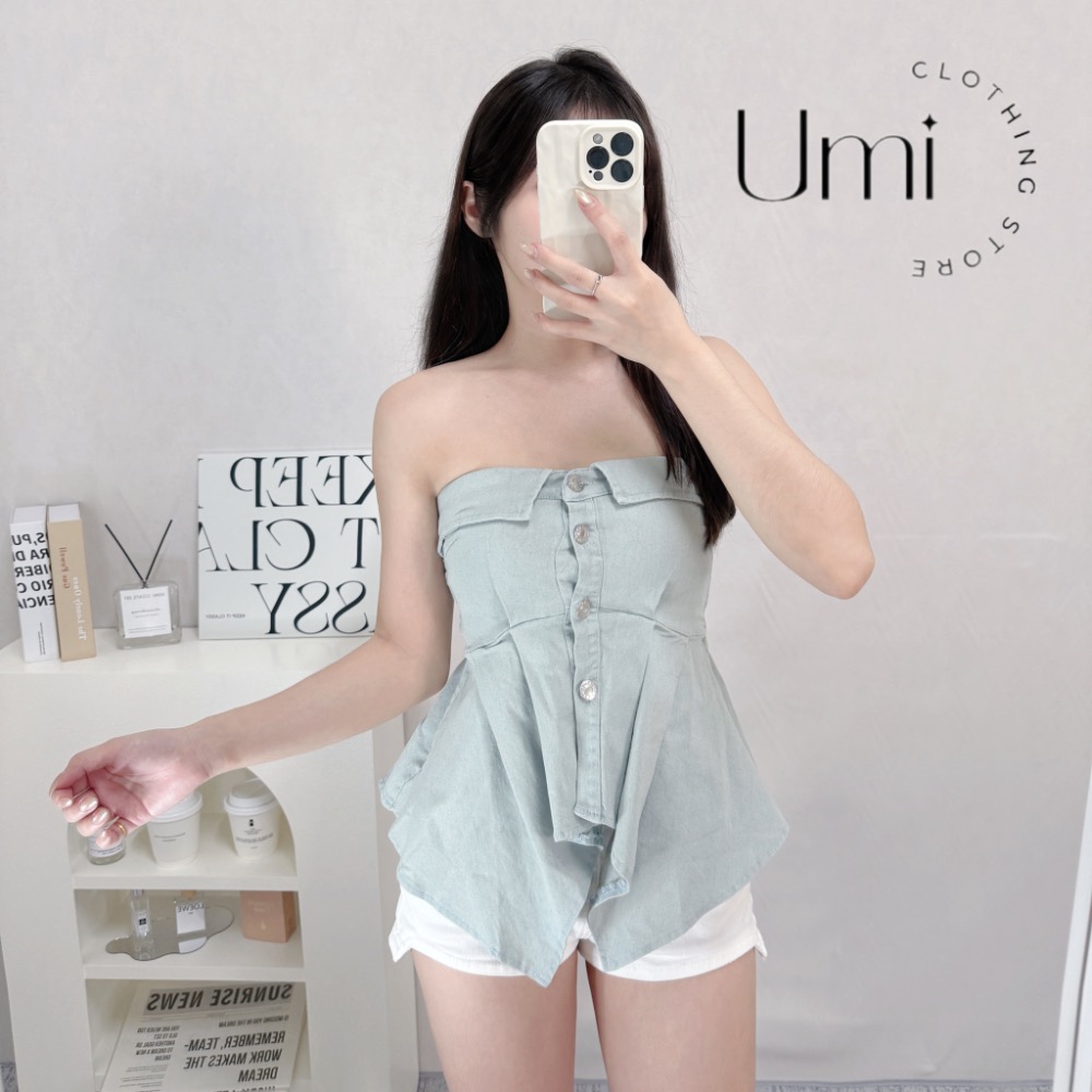 現貨出清！C002【傘擺牛仔上衣+挖角圓弧短褲套裝】-細節圖2