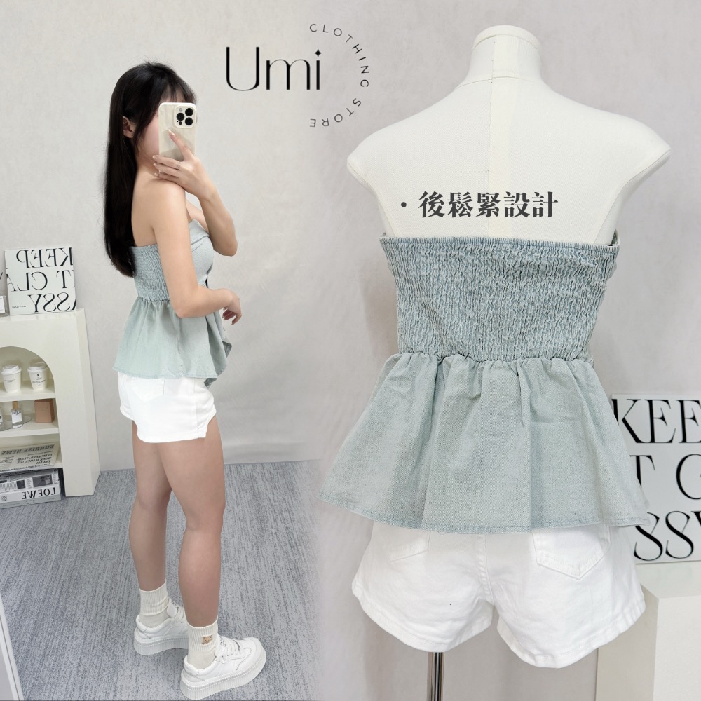 現貨出清！C002【傘擺牛仔上衣+挖角圓弧短褲套裝】-細節圖3