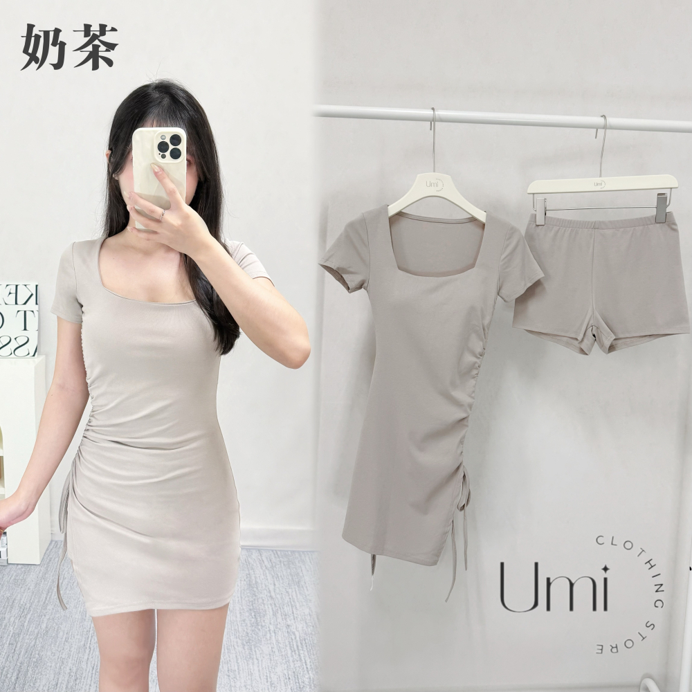 現貨+預購 C011【方領側腰抽繩綁帶短洋+打底短褲set】-細節圖2