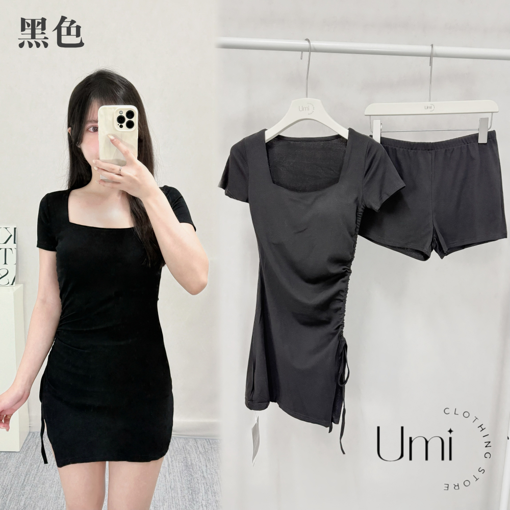 現貨+預購 C011【方領側腰抽繩綁帶短洋+打底短褲set】-細節圖4