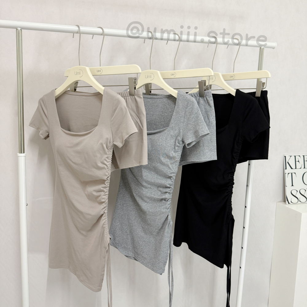 現貨+預購 C011【方領側腰抽繩綁帶短洋+打底短褲set】-細節圖5