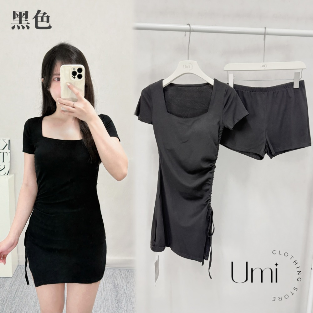 現貨+預購 C011【方領側腰抽繩綁帶短洋+打底短褲set】-規格圖7