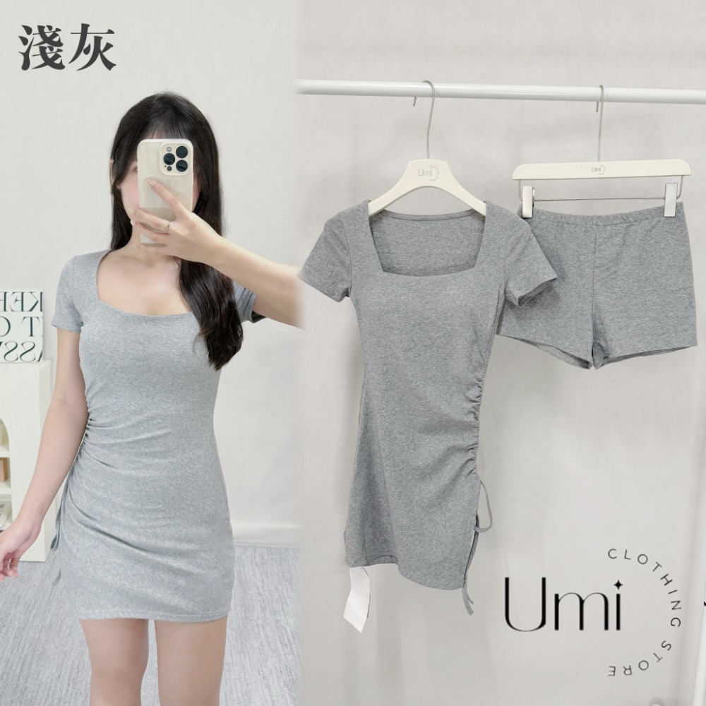 現貨+預購 C011【方領側腰抽繩綁帶短洋+打底短褲set】-規格圖7