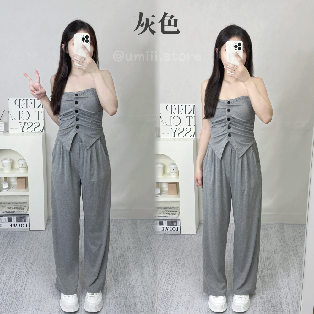 現貨+預購 C013【排釦抓皺平口+長褲套裝】-細節圖2