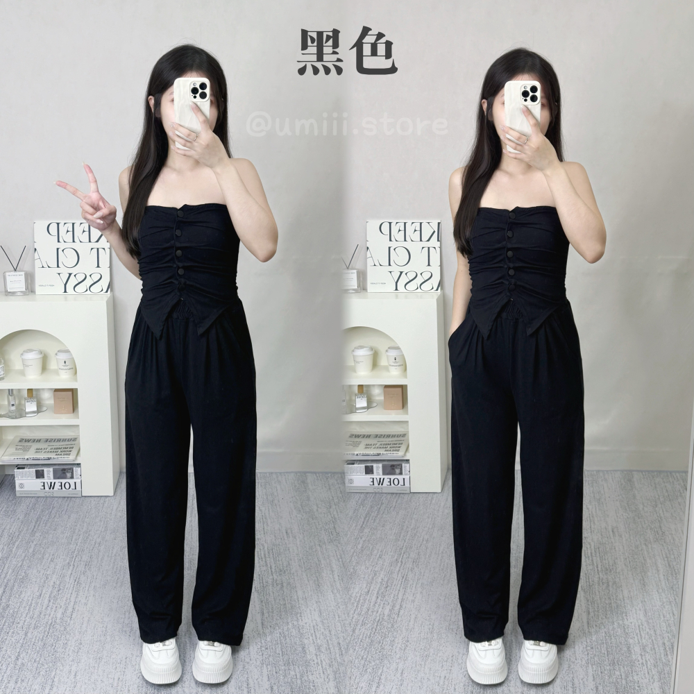 現貨+預購 C013【排釦抓皺平口+長褲套裝】-細節圖3