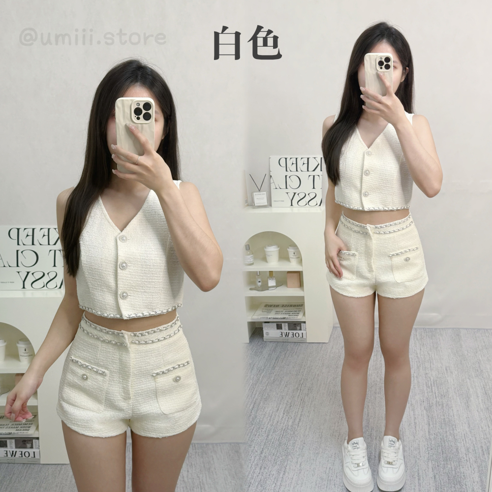 現貨+預購 C016【小香風V領鏈條背心+短褲套裝】-細節圖2