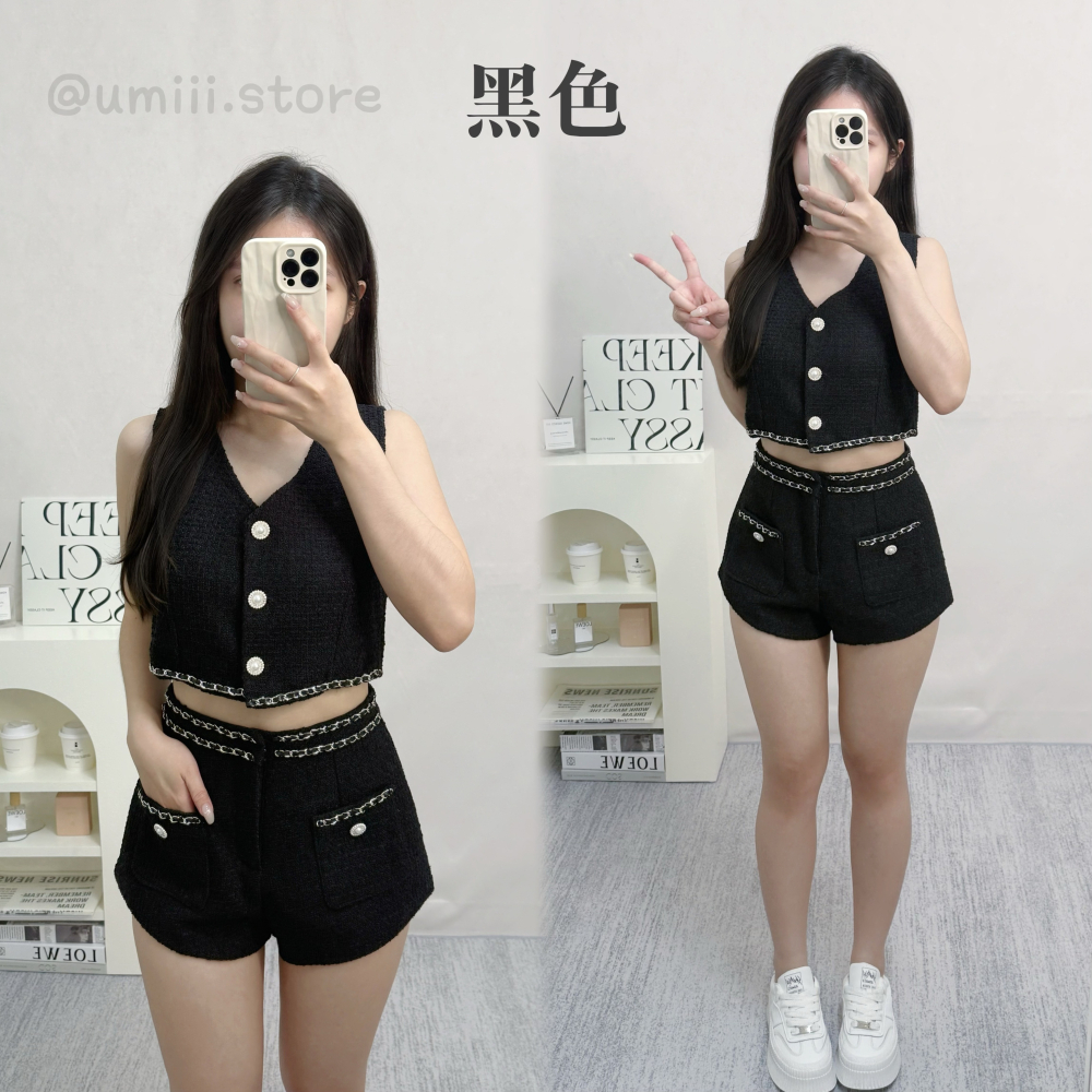 現貨+預購 C016【小香風V領鏈條背心+短褲套裝】-細節圖3