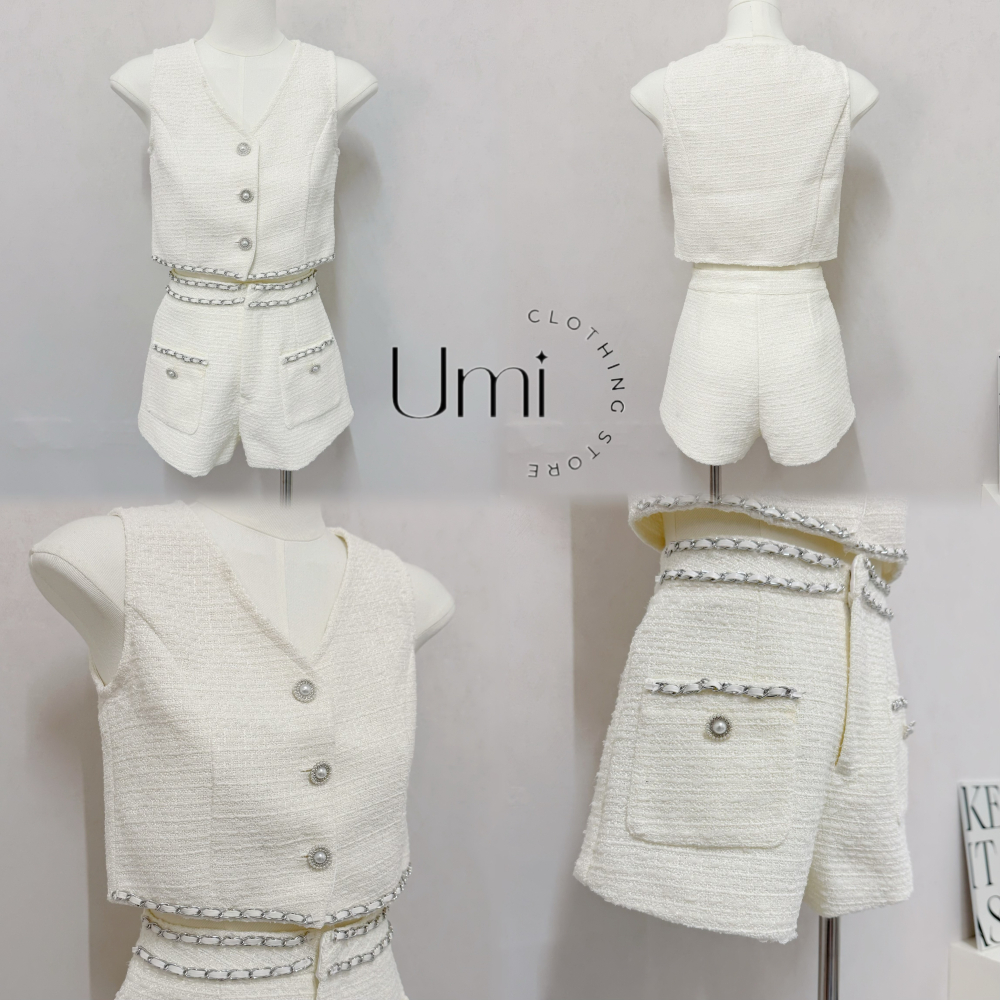 現貨+預購 C016【小香風V領鏈條背心+短褲套裝】-細節圖4