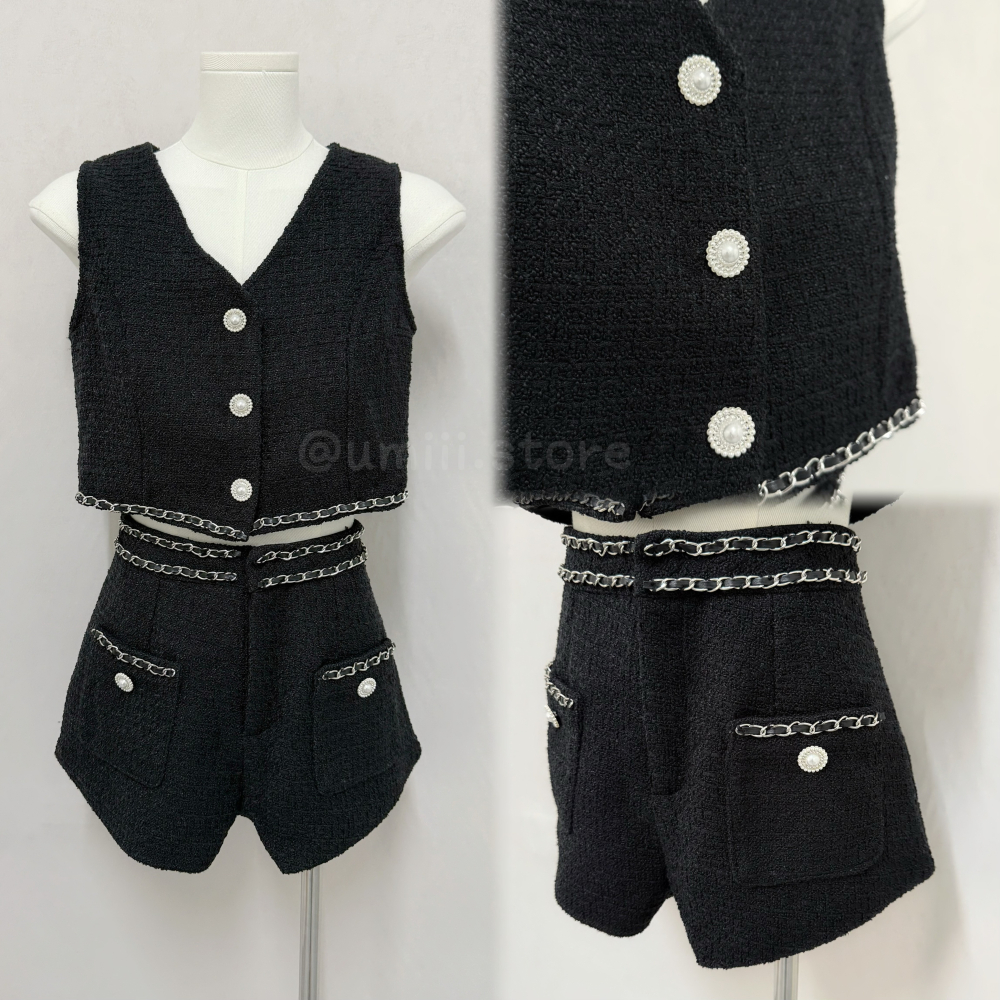 現貨+預購 C016【小香風V領鏈條背心+短褲套裝】-細節圖5