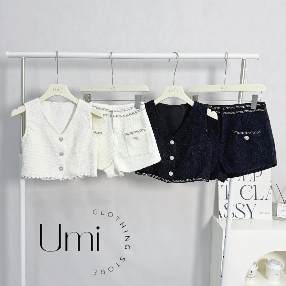 現貨+預購 C016【小香風V領鏈條背心+短褲套裝】-細節圖7