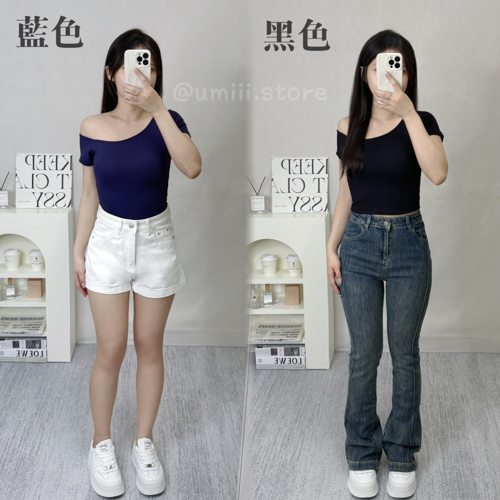 現貨+預購 D008【羅紋彈力斜肩上衣】-細節圖4