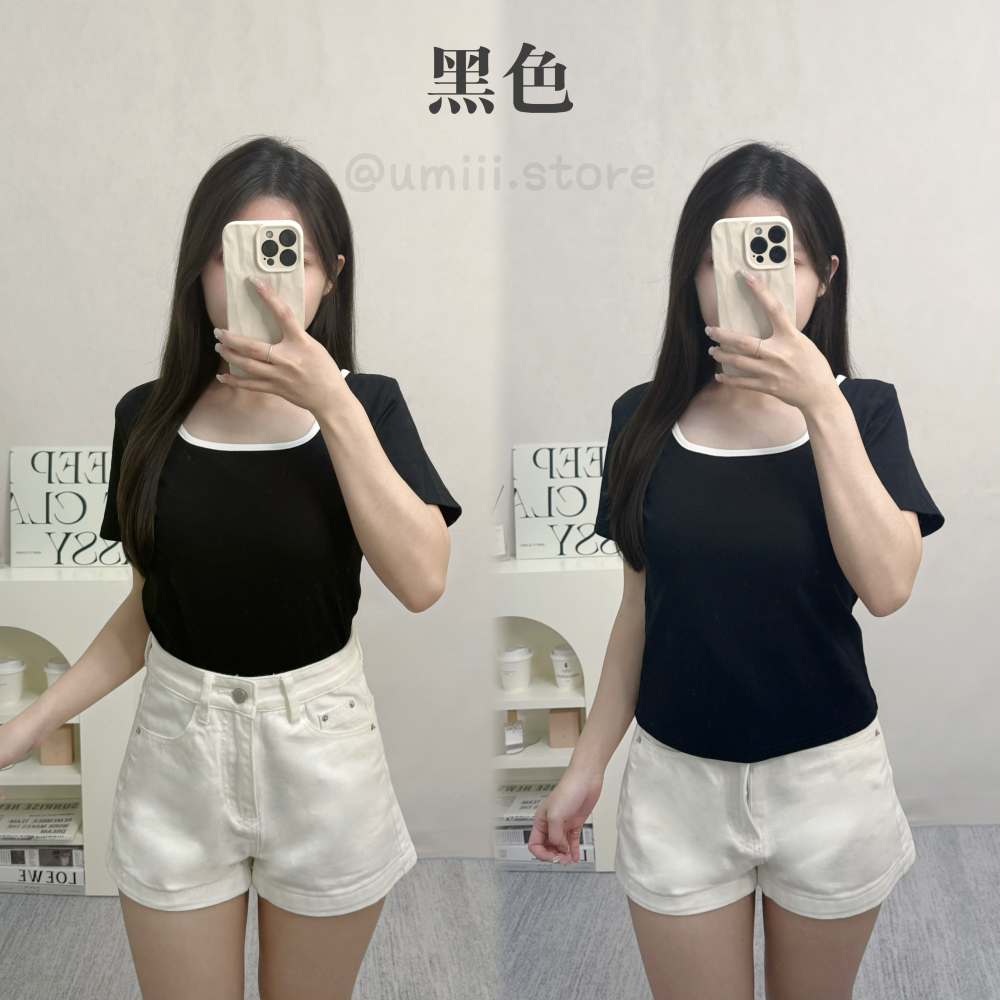 現貨+預購 D011【撞色方領彈力上衣】-細節圖3