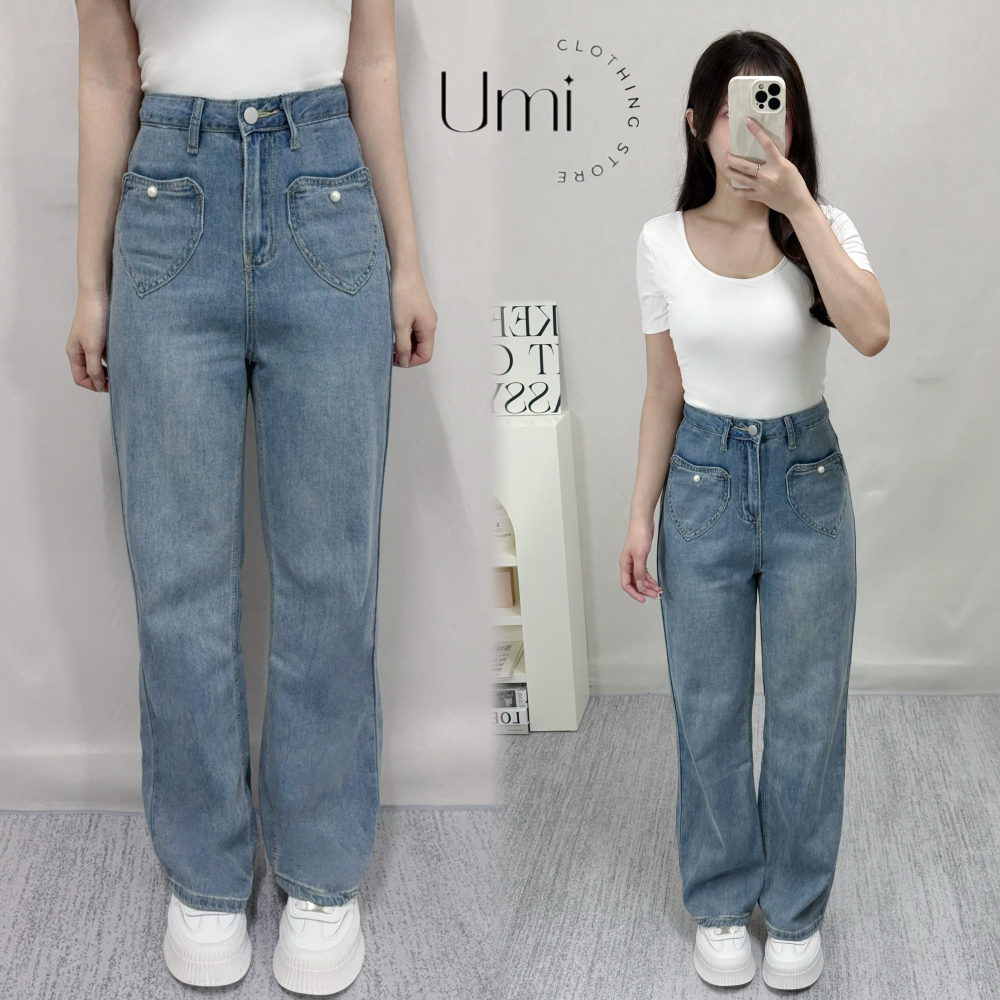 現貨+預購 E006【珍珠愛心雙口袋直筒牛仔褲】-細節圖2