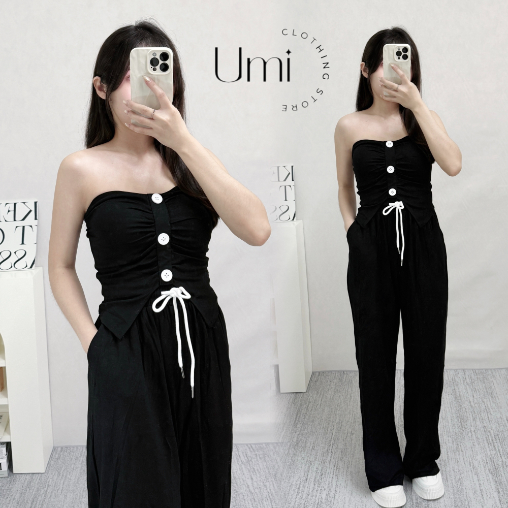 現貨出清！T001【排釦抓皺背心+繞脖+寬褲三件套裝】-細節圖2