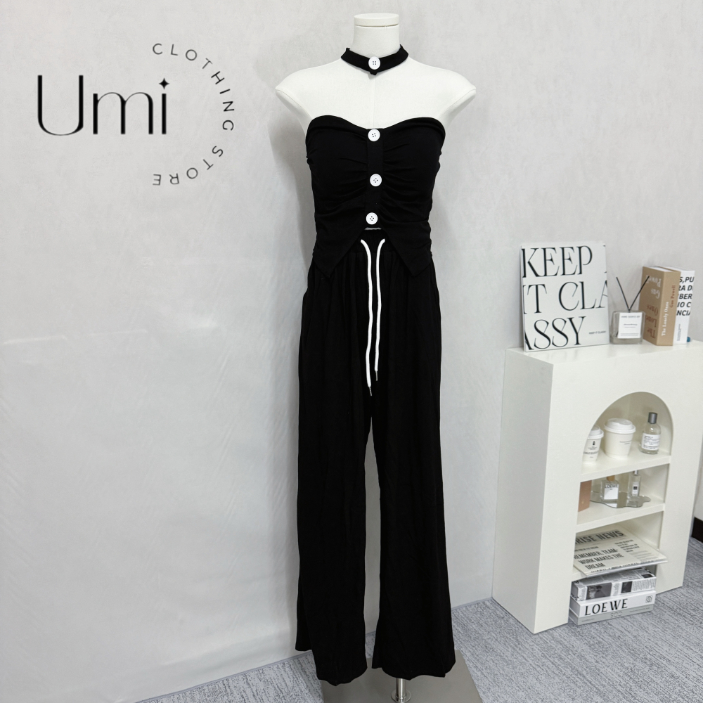 現貨出清！T001【排釦抓皺背心+繞脖+寬褲三件套裝】-細節圖3