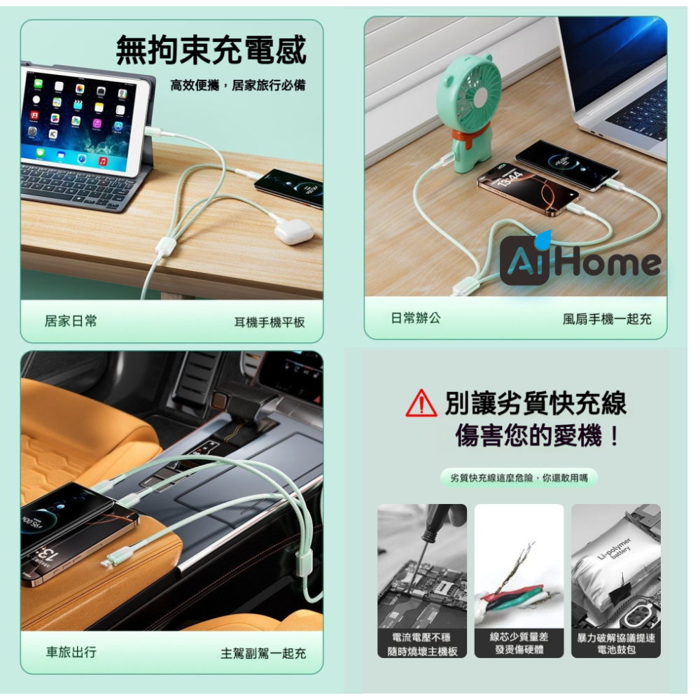 AI HOME 多色 晶透果凍 漸變色 三合一編織快充線 支援蘋果/Type -C/安卓Micro 超級快充耐折 充電線-細節圖9