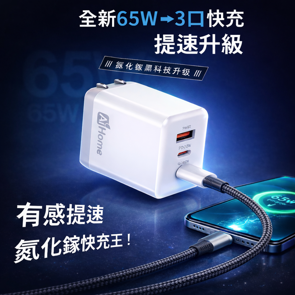 【AiHome】65W三孔GaN氮化鎵快充組 折疊插頭 Type-C編織線 三星S26/iPhone安卓適用-細節圖3