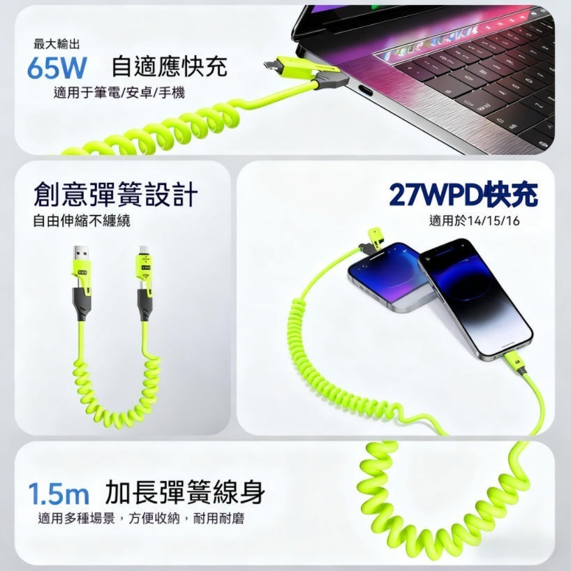 【現貨】 彈簧伸縮四合一多巴胺色系充電線 Lightning Type-C 數據線 車充 適用蘋果 15-17 三星-細節圖4