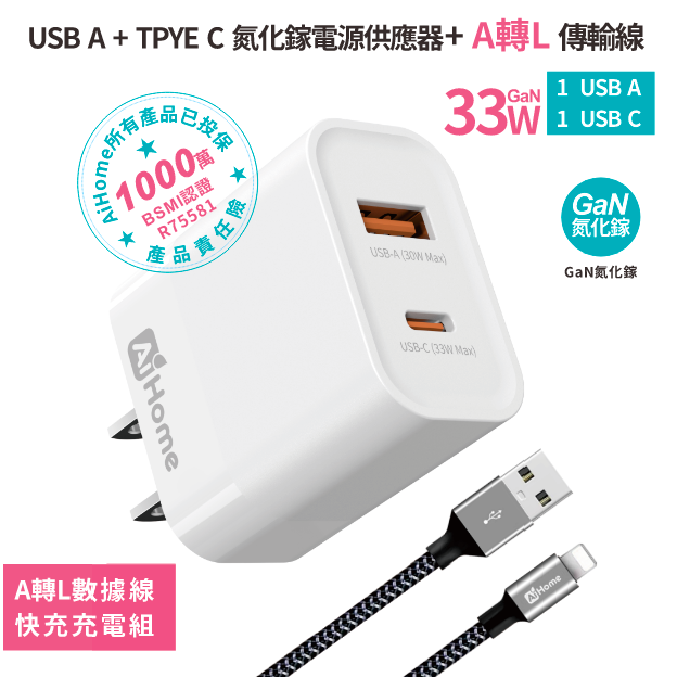【AiHome】33W GaN 雙孔快充組，可選編織線，手機通用不傷機 通過 BSMI R75581 認證，安全穩定快充-規格圖11