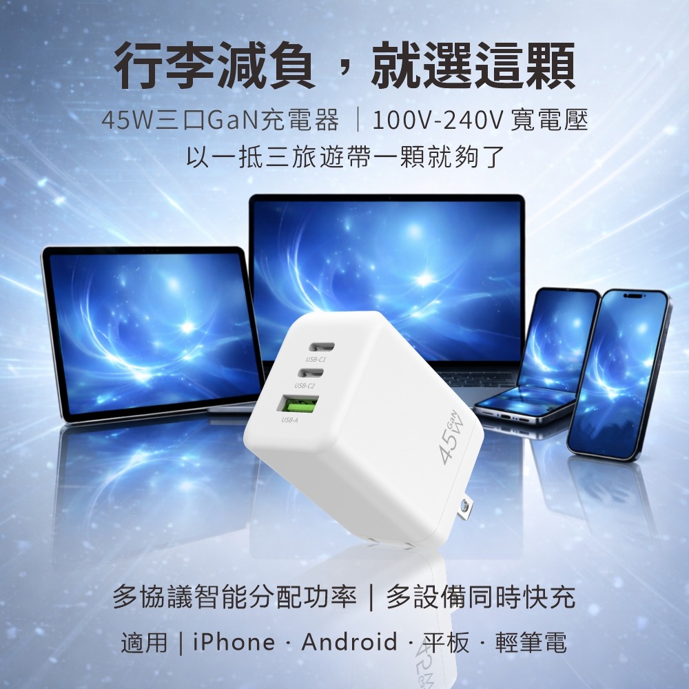 【AiHome】45W GaN氮化鎵三孔充電器｜單頭/線組 ｜Type-C PD快充 iPhone/Android/筆電-細節圖4