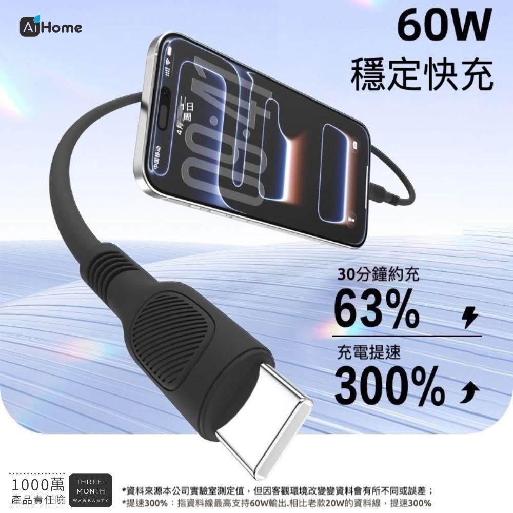 PD60W矽膠快充線 Type-C to Type-C｜柔軟不打結｜耐折耐用｜手機/平板/筆電適用-細節圖3