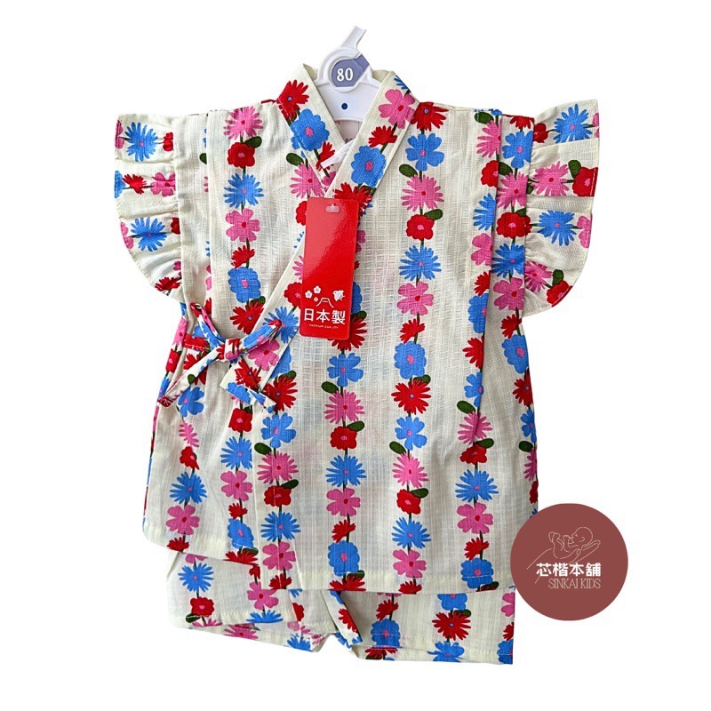 現貨80｜日本製 100%純棉 柔軟布 女童 立體荷葉袖 花朵 夏季 開襟 甚平 短袖 短褲 套裝-細節圖2