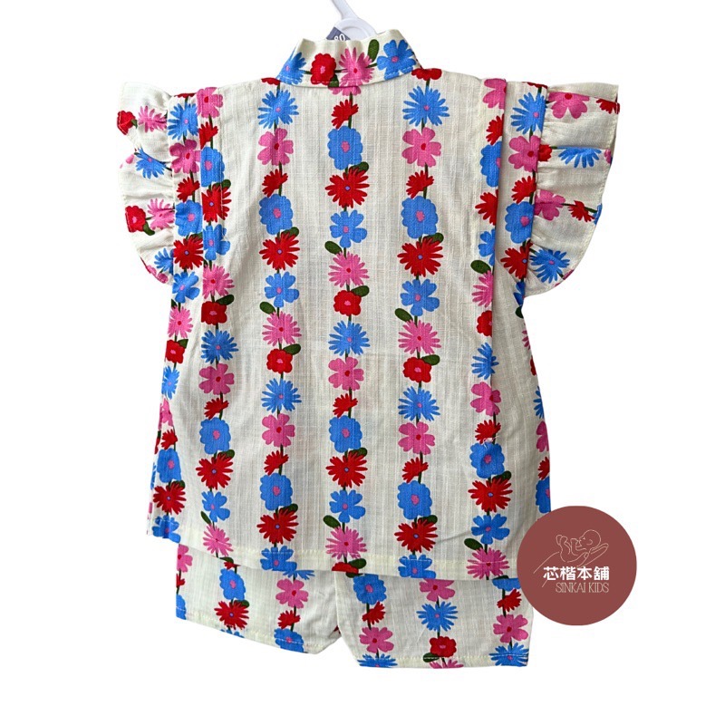 現貨80｜日本製 100%純棉 柔軟布 女童 立體荷葉袖 花朵 夏季 開襟 甚平 短袖 短褲 套裝-細節圖4