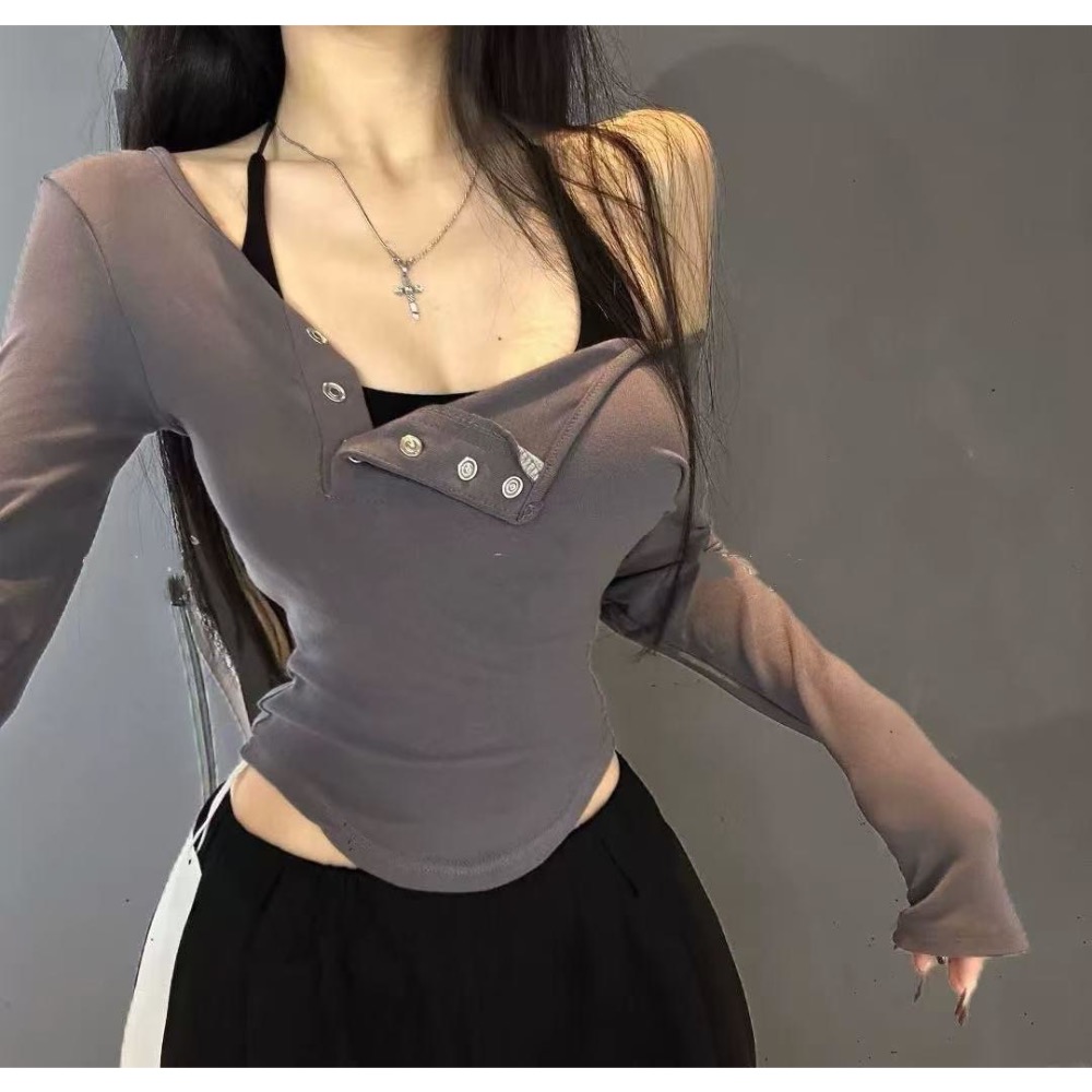 《𝐏𝐎𝐑𝐊.𝐂𝐎》繞脖斜肩排釦背心上衣 4色 真兩件-細節圖3