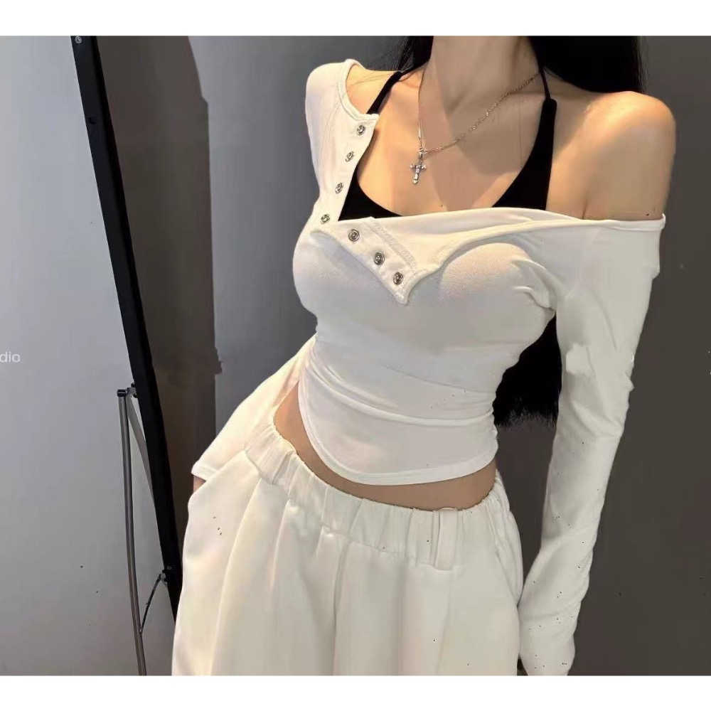 《𝐏𝐎𝐑𝐊.𝐂𝐎》繞脖斜肩排釦背心上衣 4色 真兩件-細節圖4