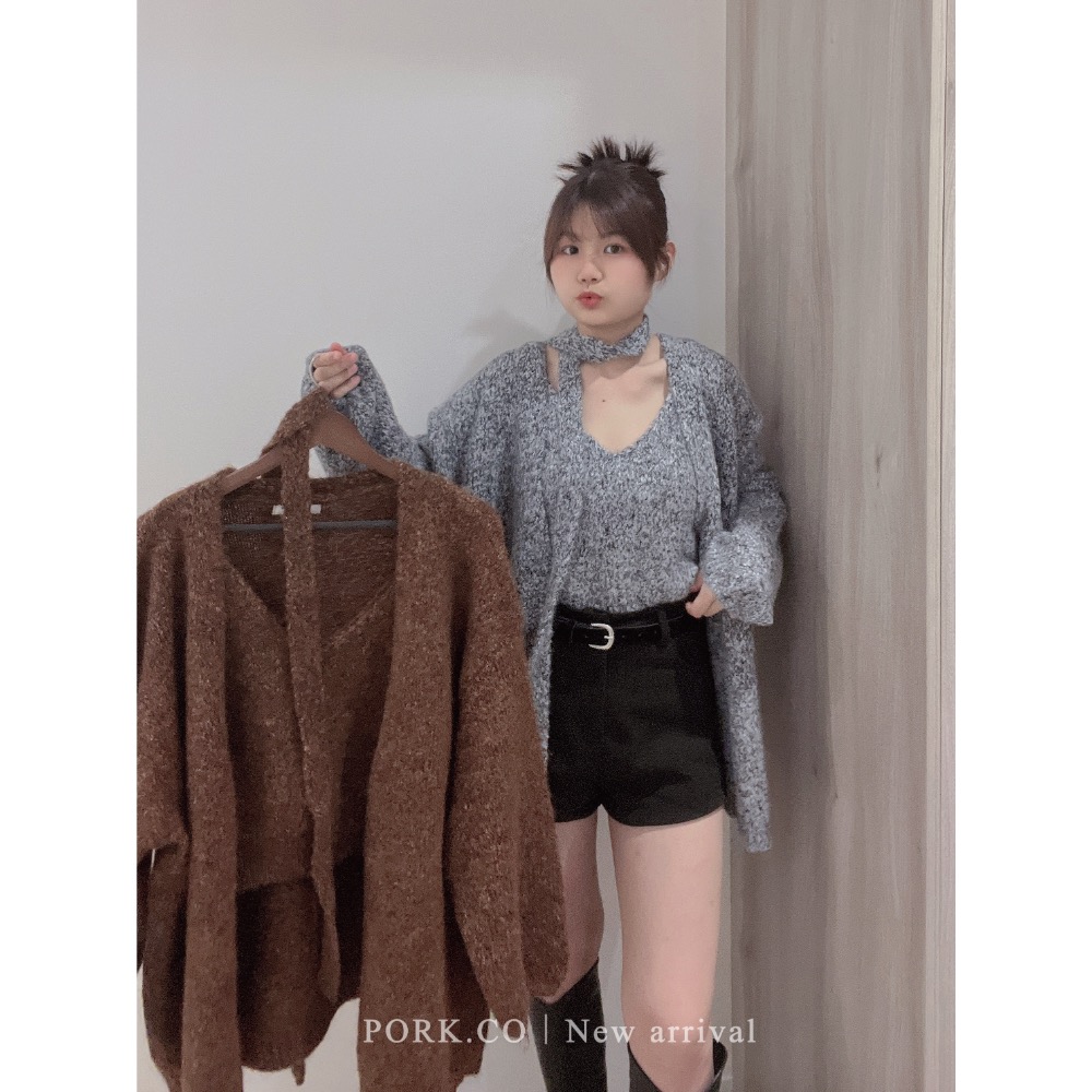 蓬鬆混色羊駝毛（含8%羊毛）罩衫＋背心＋繫帶三件套裝（𝟒𝐜𝐨𝐥𝐨𝐫/𝐅）-細節圖2