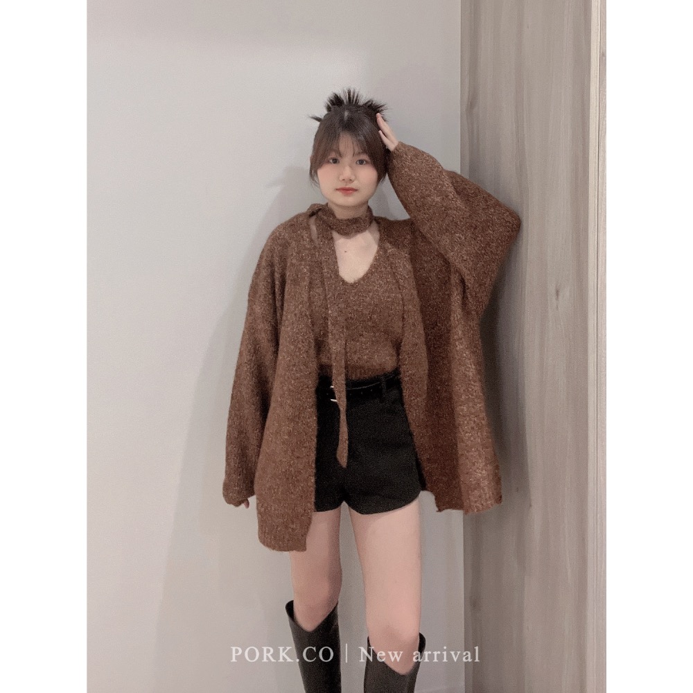 蓬鬆混色羊駝毛（含8%羊毛）罩衫＋背心＋繫帶三件套裝（𝟒𝐜𝐨𝐥𝐨𝐫/𝐅）-細節圖3