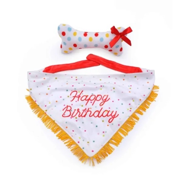 美國 ZippyPaws Birthday Bandana & Bone 寵物生日領巾+骨頭啾啾玩具組-細節圖2