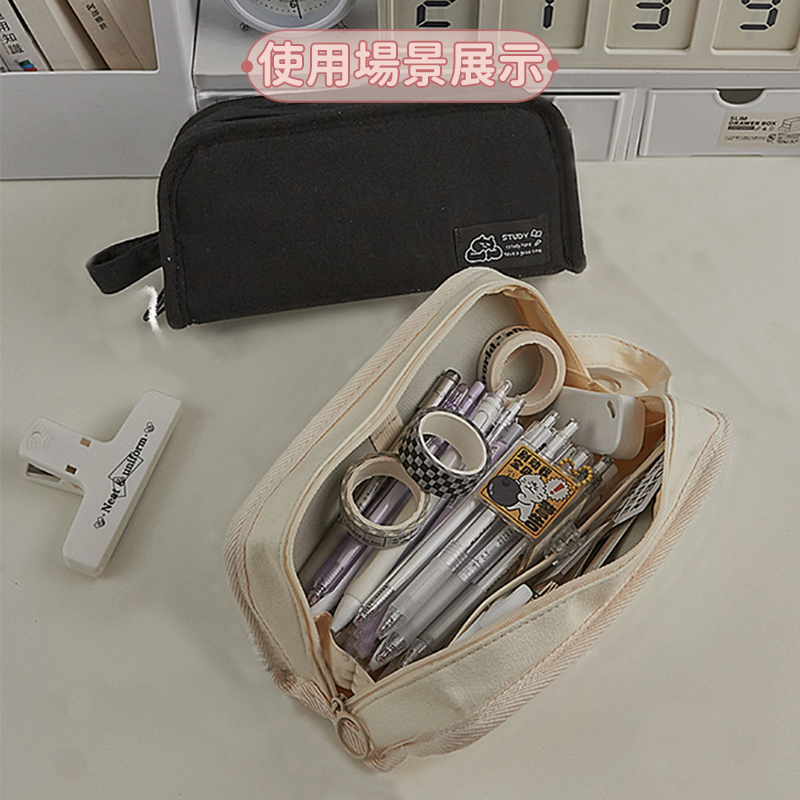 台灣現貨🔥ins風 鉛筆盒 帆布筆袋 黑白 簡約 文青筆袋 大容量 拉鍊 學生筆袋 手提 情侶筆袋 韓系 鉛筆袋 獎品-細節圖8