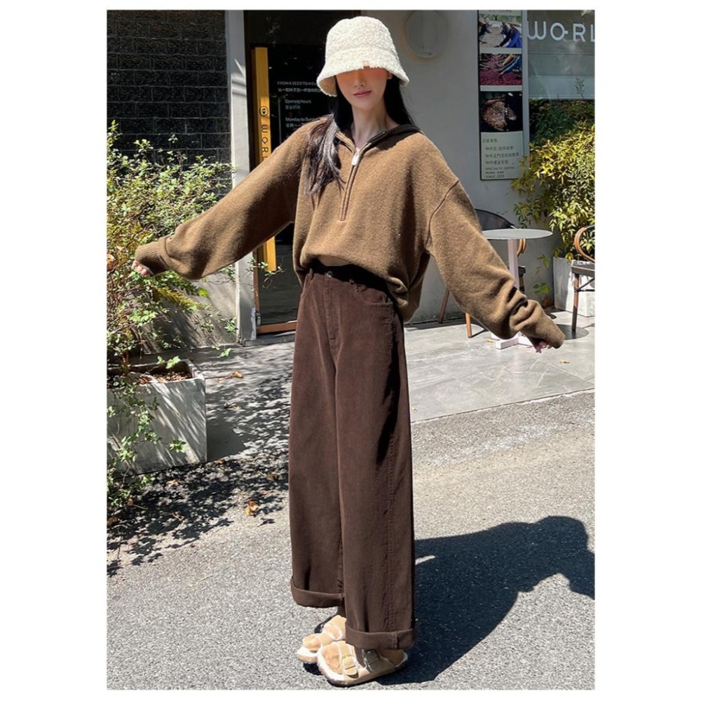 【RENA小舖 台灣現貨每天出】溫暖你的秋冬⛄️｜燈芯絨直筒闊腿褲/小個子/彎刀褲/高腰直筒褲/復古【R22052】-細節圖7