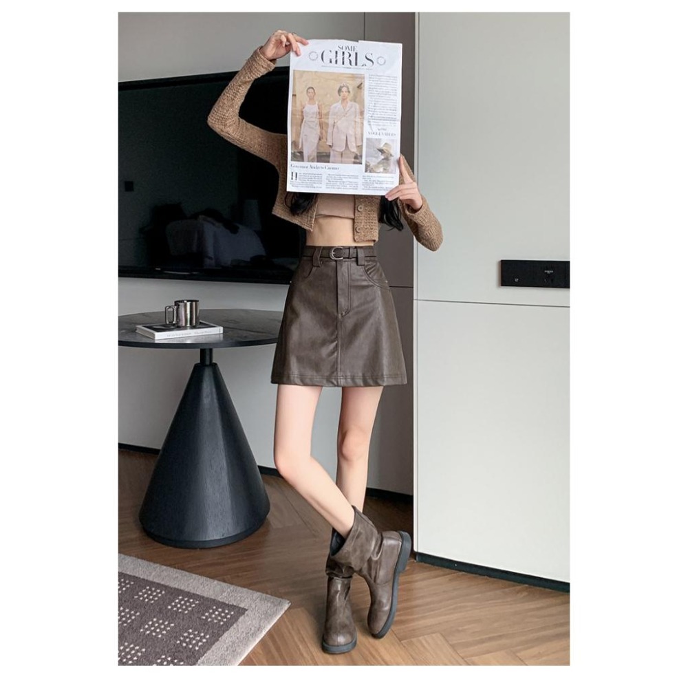 【RENA小舖 台灣現貨每天出】韓系復古水洗漂亮皮裙 /A字裙/高腰/顯瘦/修身/短裙/遮胯/包臀裙【R22060】-細節圖2