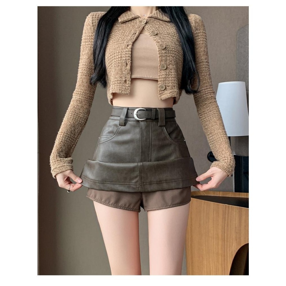 【RENA小舖 台灣現貨每天出】韓系復古水洗漂亮皮裙 /A字裙/高腰/顯瘦/修身/短裙/遮胯/包臀裙【R22060】-細節圖3