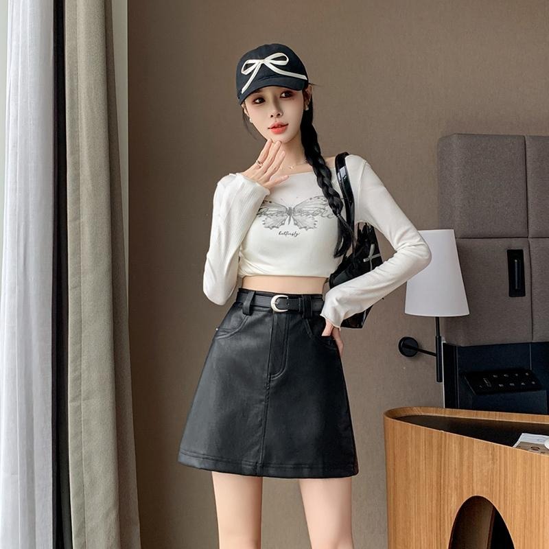 【RENA小舖 台灣現貨每天出】韓系復古水洗漂亮皮裙 /A字裙/高腰/顯瘦/修身/短裙/遮胯/包臀裙【R22060】-細節圖4