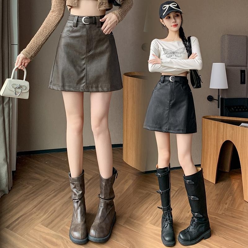 【RENA小舖 台灣現貨每天出】韓系復古水洗漂亮皮裙 /A字裙/高腰/顯瘦/修身/短裙/遮胯/包臀裙【R22060】-細節圖5